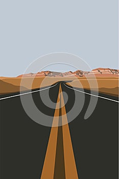 Flat landscape road in the desert with mountain hills vector illustration. Travel, hiking, outdoors and adventure concept. Use as